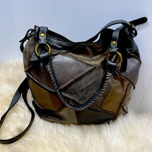 Lucky Brand Gray Patchwork Leather Slouchy Hobo Shoulder Bag